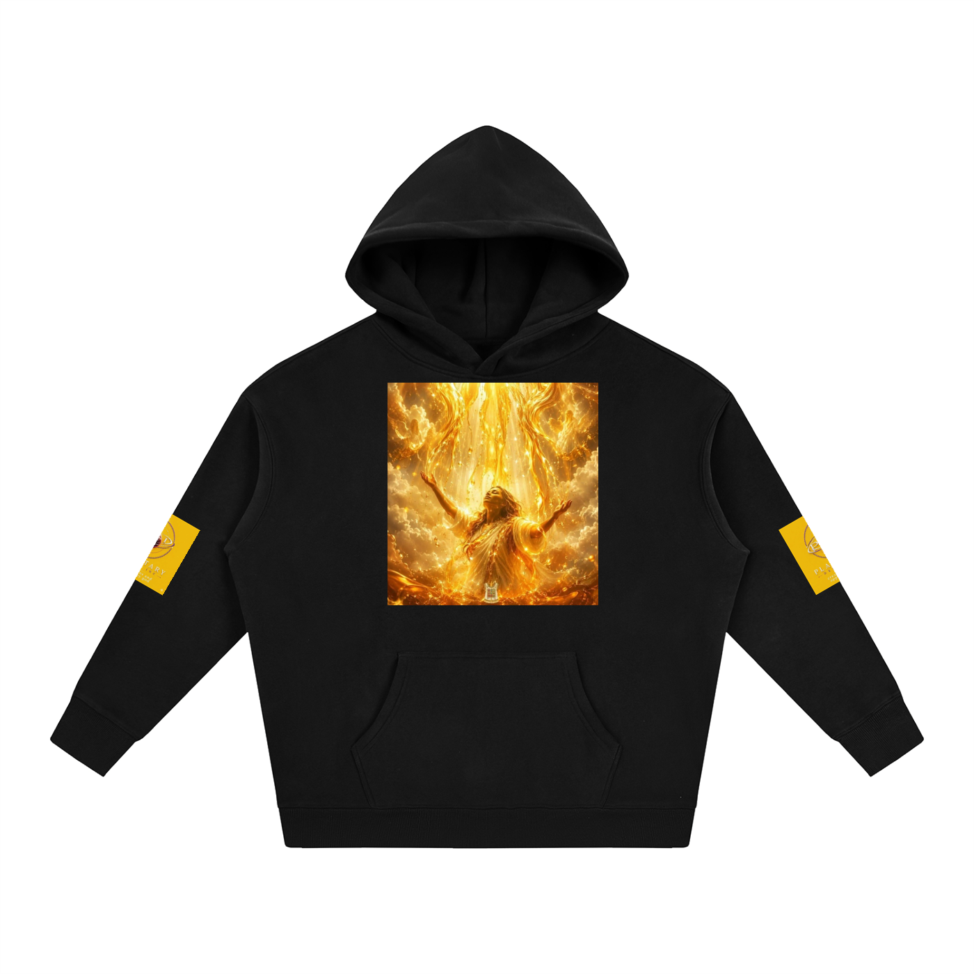 Black hoodie with a fiery design and yellow patches on a white background