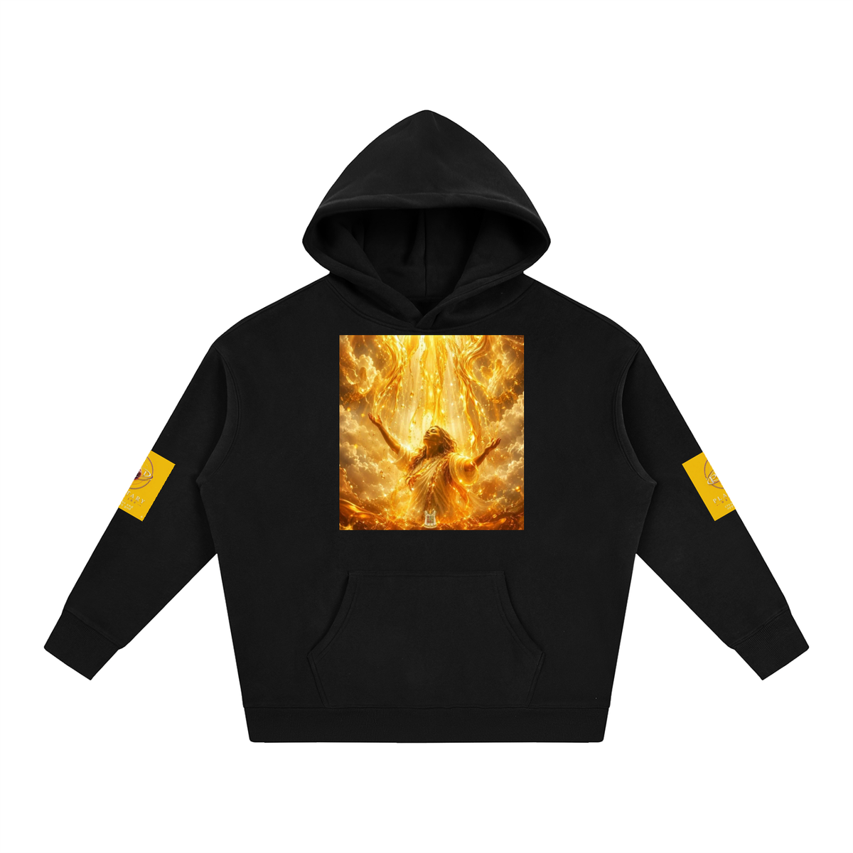 Black hoodie with a fiery design and yellow patches on a white background