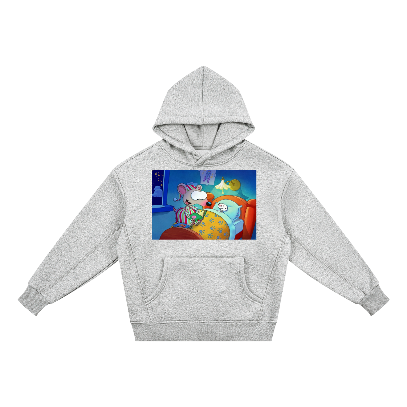 A light heather gray pullover hoodie with a colorful cartoon graphic on the chest showing a character in bed under a starry night sky, displayed on a solid white background.