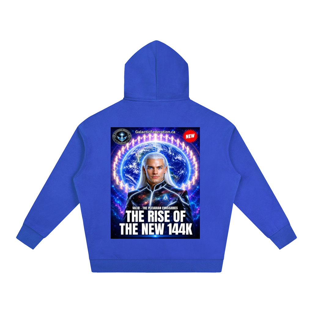 Blue hoodie with a graphic design on the back featuring a person and text.