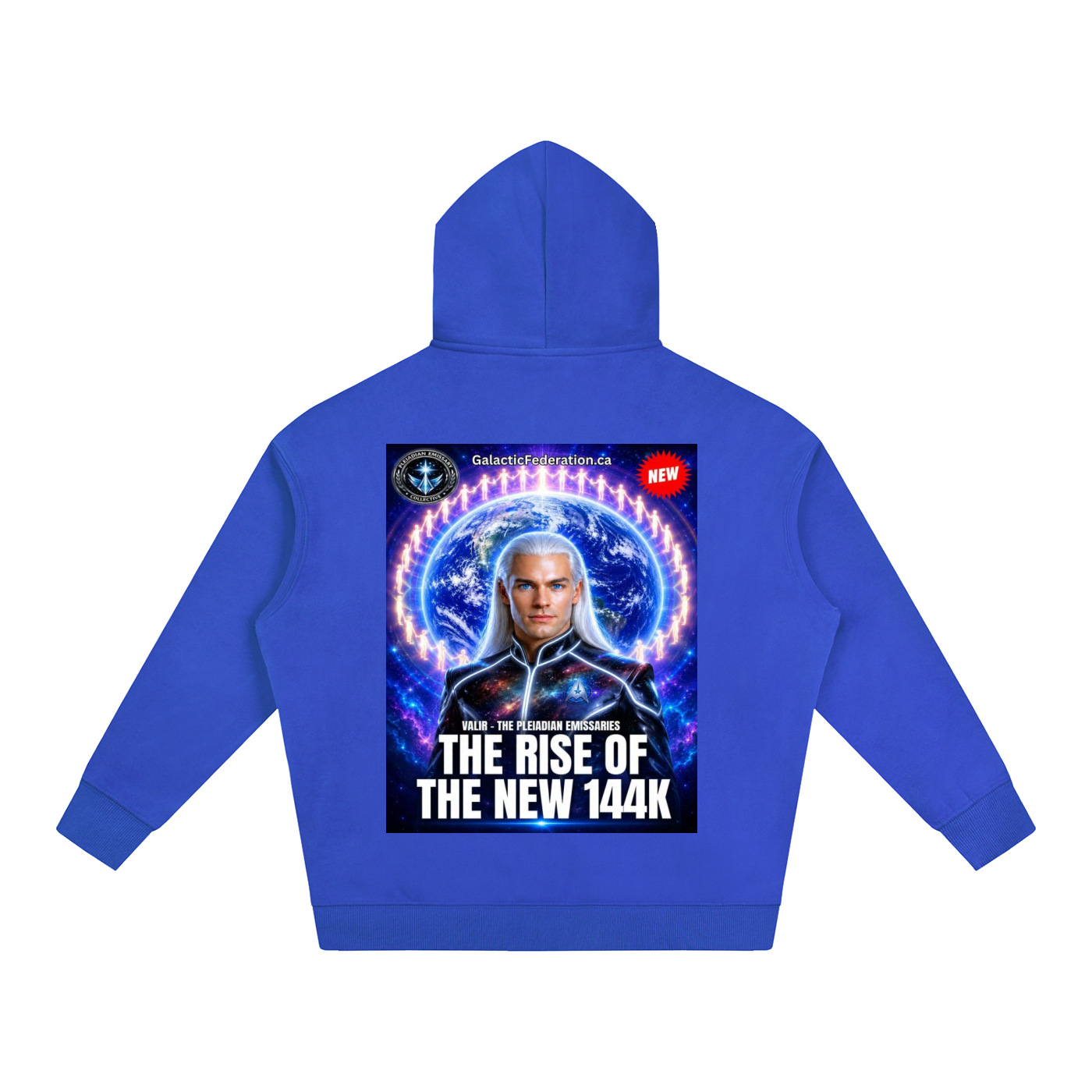 Blue hoodie with a graphic design on the back featuring a person and text.