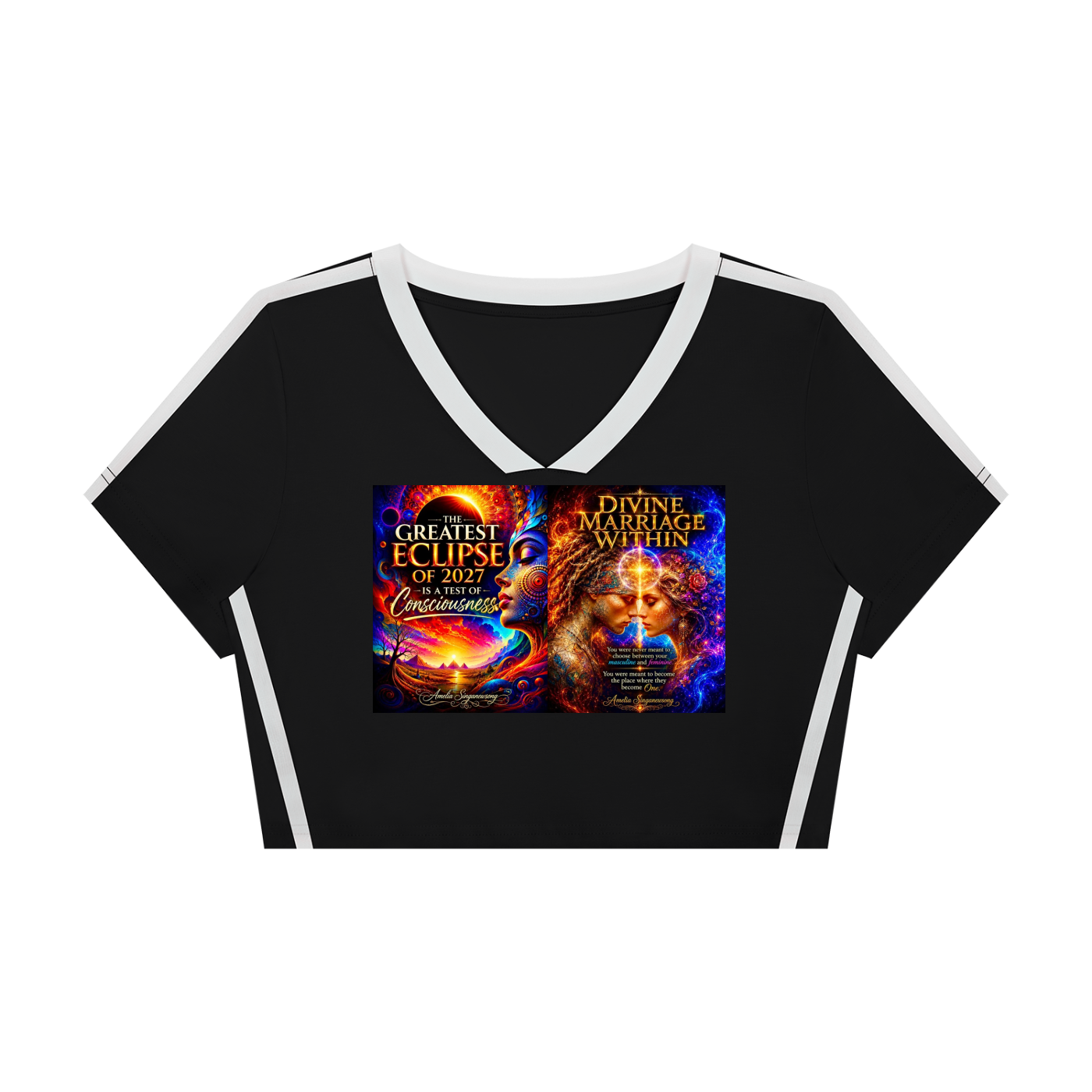 A black cropped V-neck t-shirt with white shoulder and side stripes, featuring a colorful graphic print on the front with two book covers titled 'Greatest Eclipse of 2027' and 'Divine Marriage Within'.