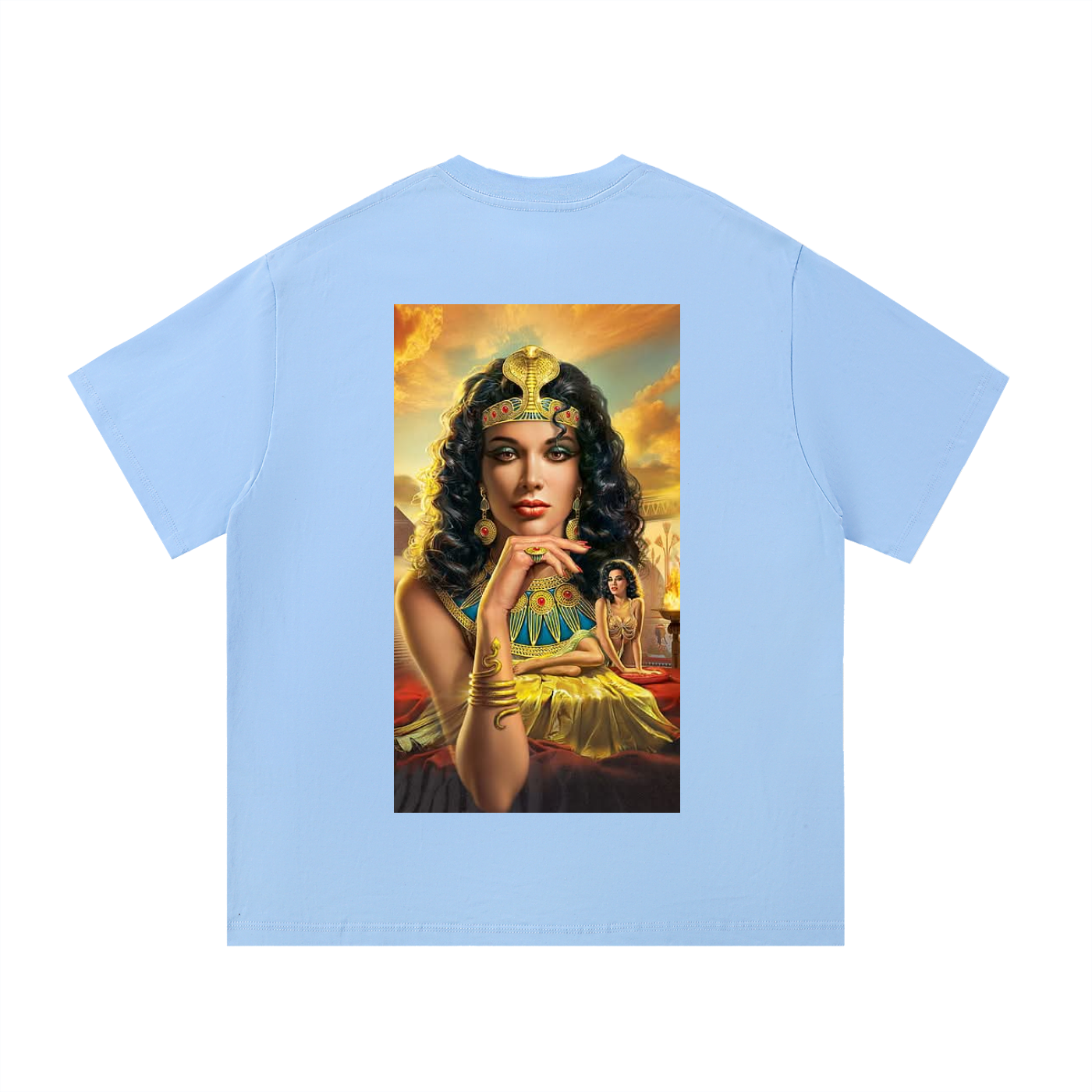 Light blue t-shirt with an Egyptian-themed graphic on a white background