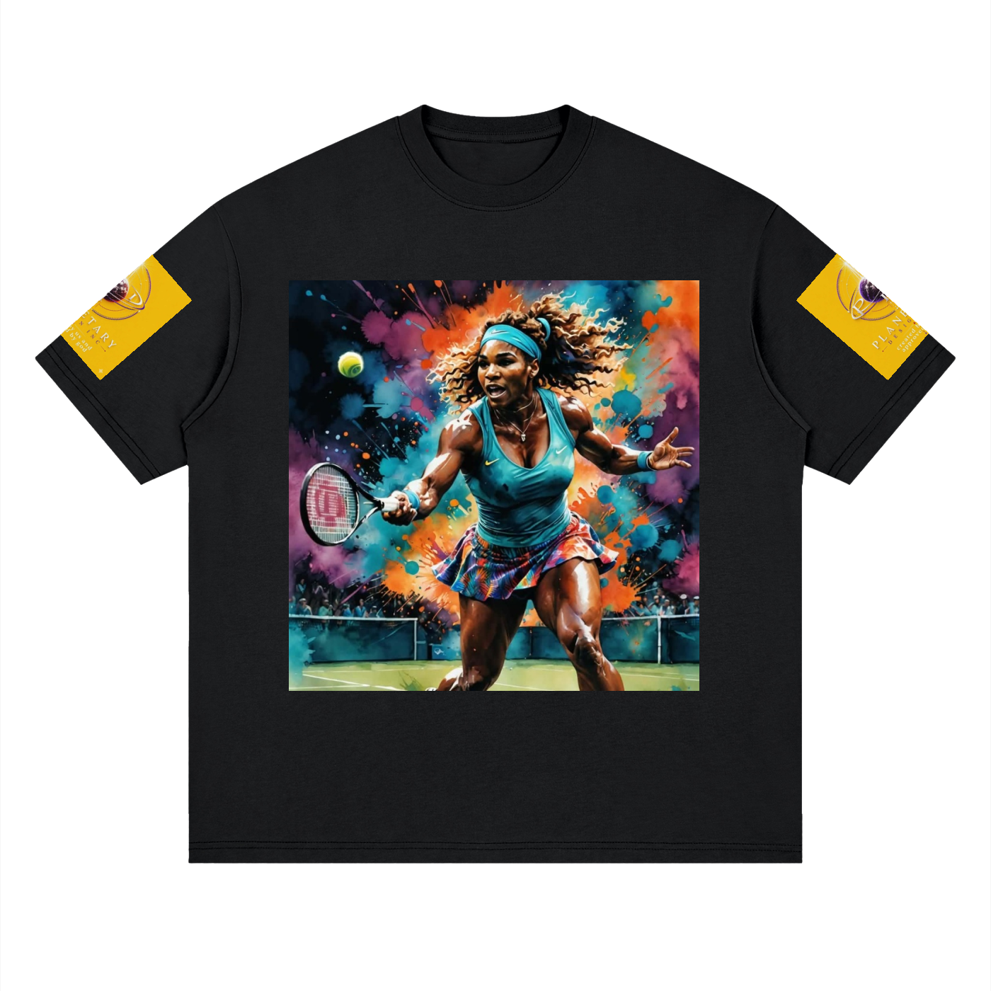Black t-shirt with a colorful graphic of a tennis player on a white background