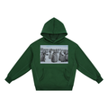 Green hoodie with a penguin graphic on a white background