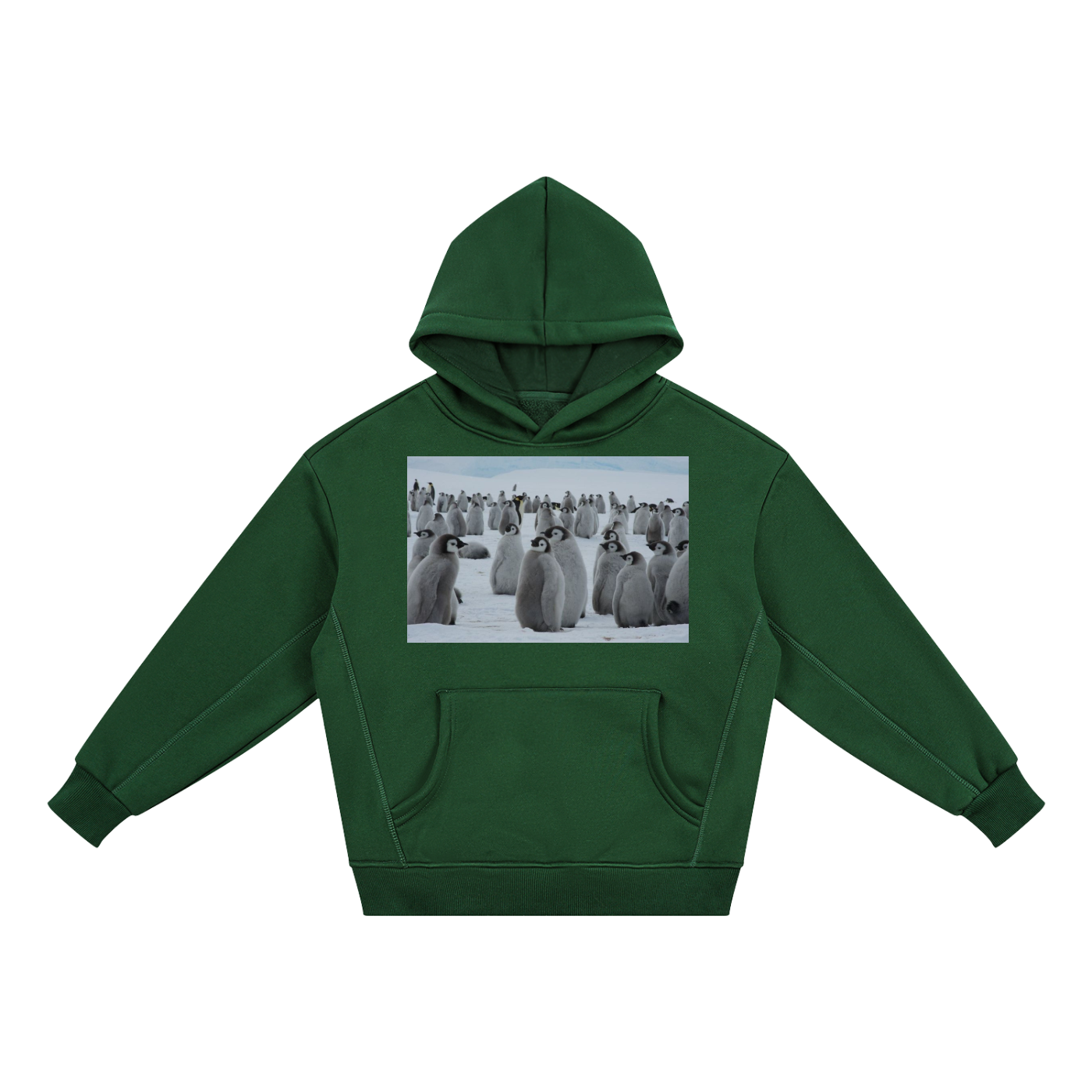 Green hoodie with a penguin graphic on a white background