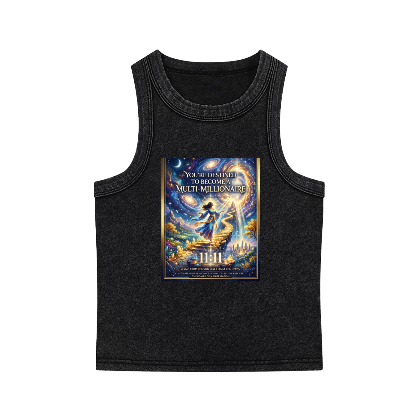 A black sleeveless tank top with a distressed wash, featuring a large colorful graphic print on the front with an angel, a glowing money bag, and the text 'YOU'RE DESTINED TO BECOME MULTI-MILLIONAIRE'.