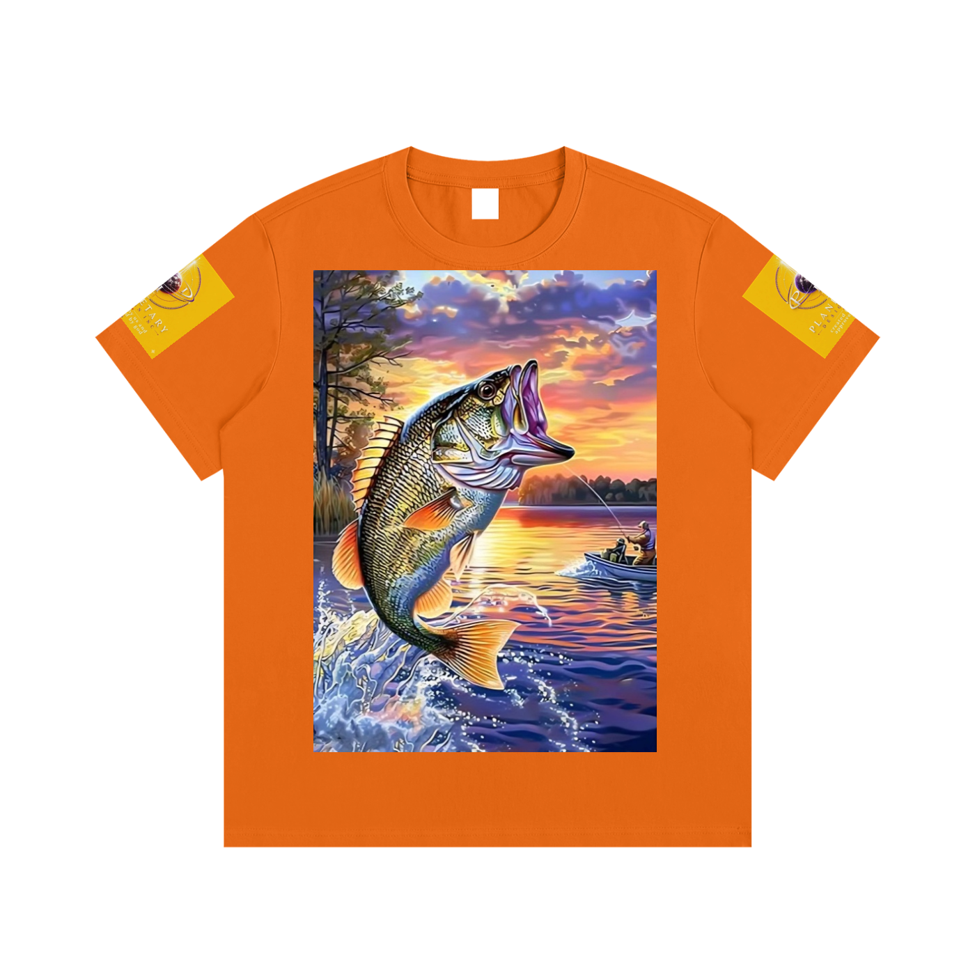 Orange t-shirt with a large mouth bass graphic on a scenic lake background