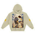 Beige hoodie with a graphic of a man holding a globe and a lion on a white background