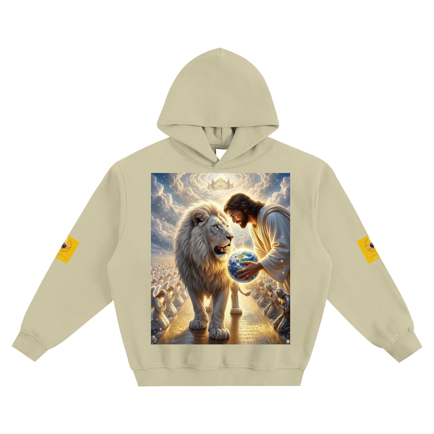 Beige hoodie with a graphic of a man holding a globe and a lion on a white background
