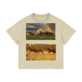 Beige t-shirt with images of horses and a rainbow on a white background