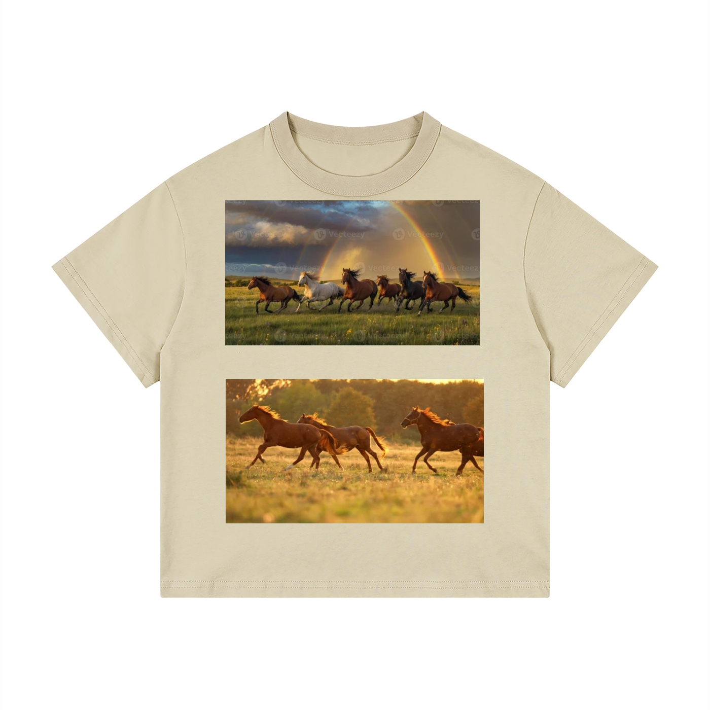 Beige t-shirt with images of horses and a rainbow on a white background