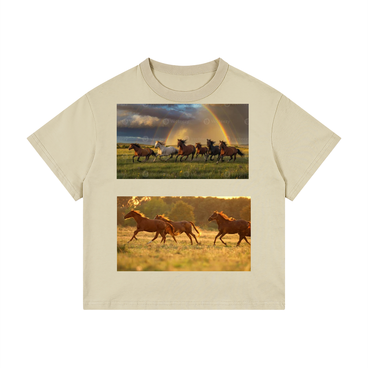 Beige t-shirt with images of horses and a rainbow on a white background