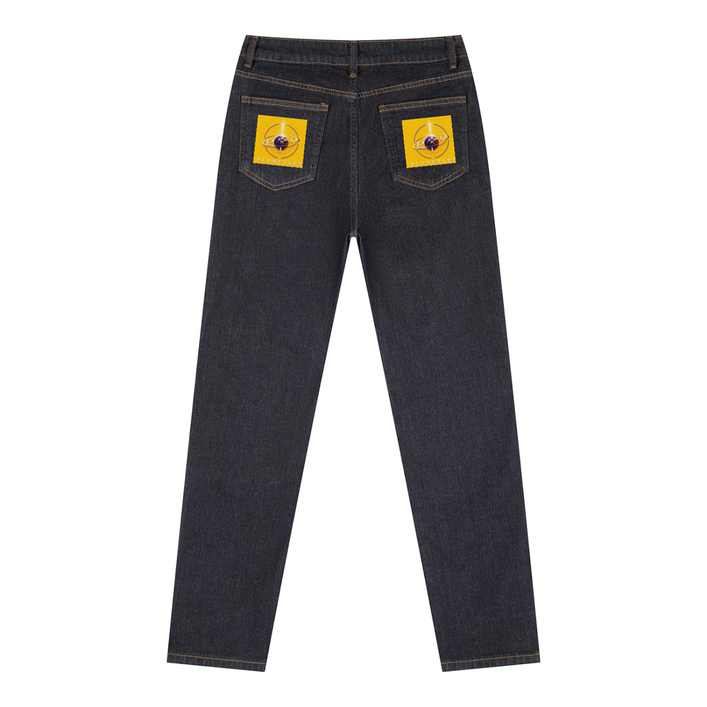 Black jeans with yellow patches on the back pockets against a white background