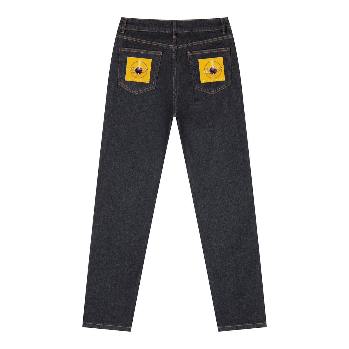 Black jeans with yellow patches on the back pockets against a white background
