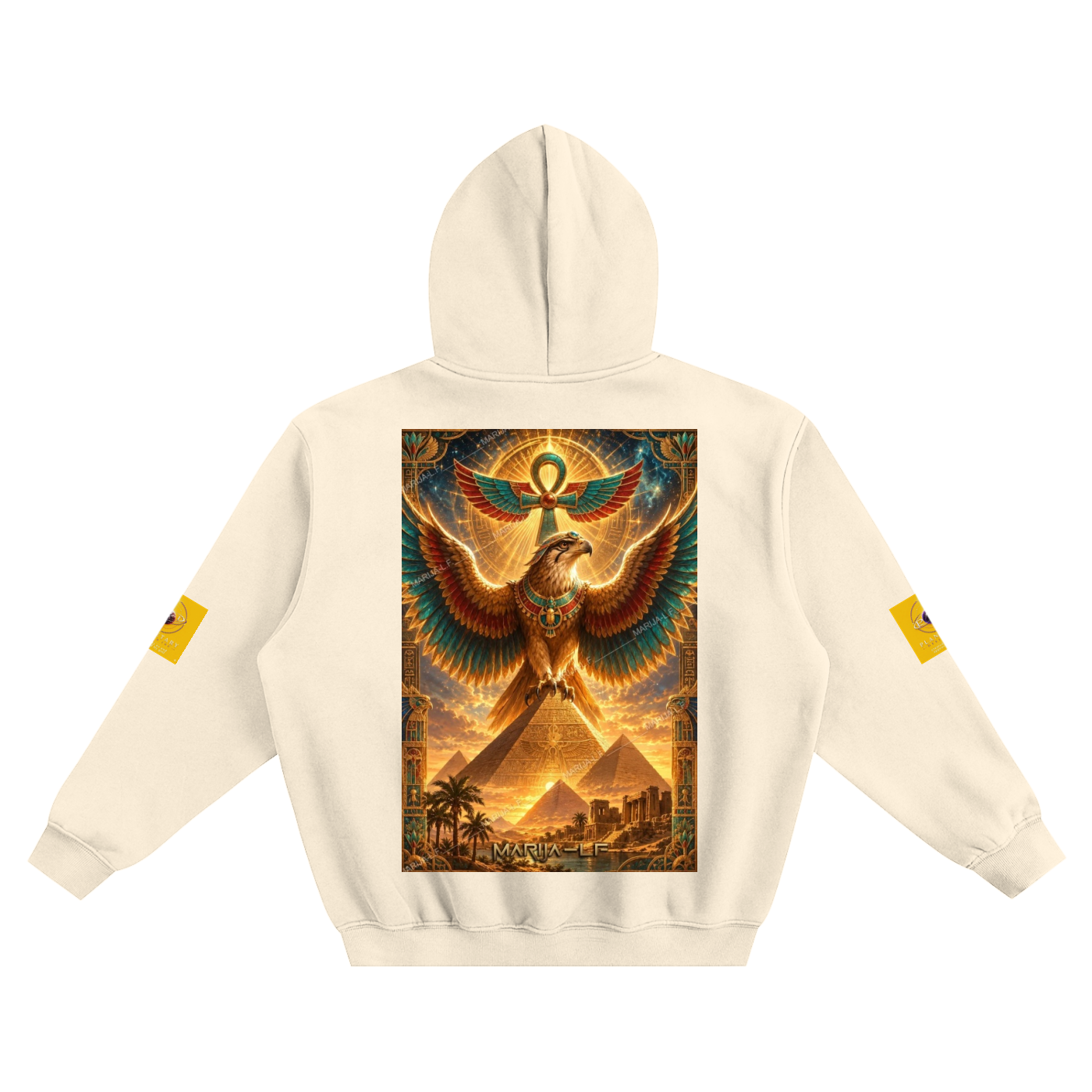 An off-white hooded sweatshirt shown from the back, featuring a large graphic print of an Egyptian pharaoh with a winged Anubis and pyramids in warm gold and orange tones. It has small yellow graphic patches on both sleeves.