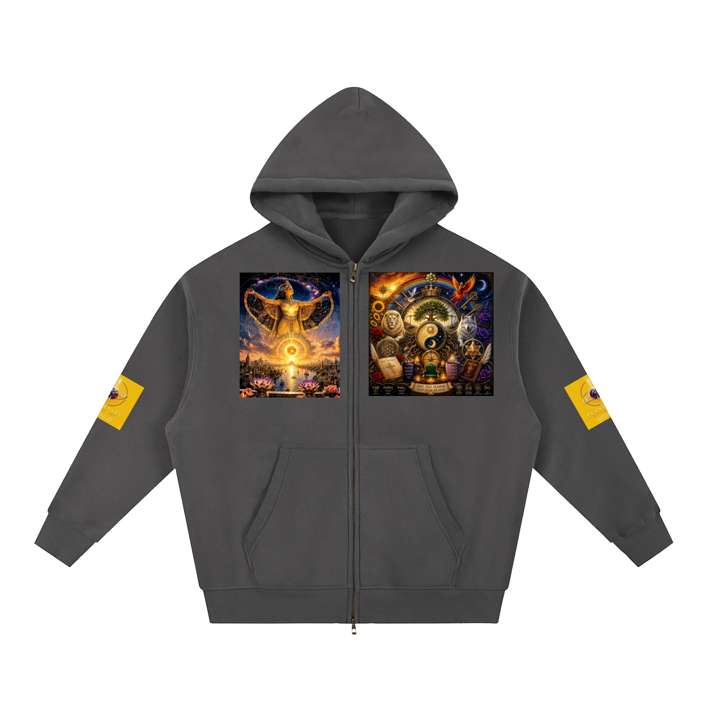 A dark gray zip-up hoodie with a hood, front pockets, and two large colorful graphic prints on the chest. Each print features mystical imagery, including a glowing eye and a cosmic scene.