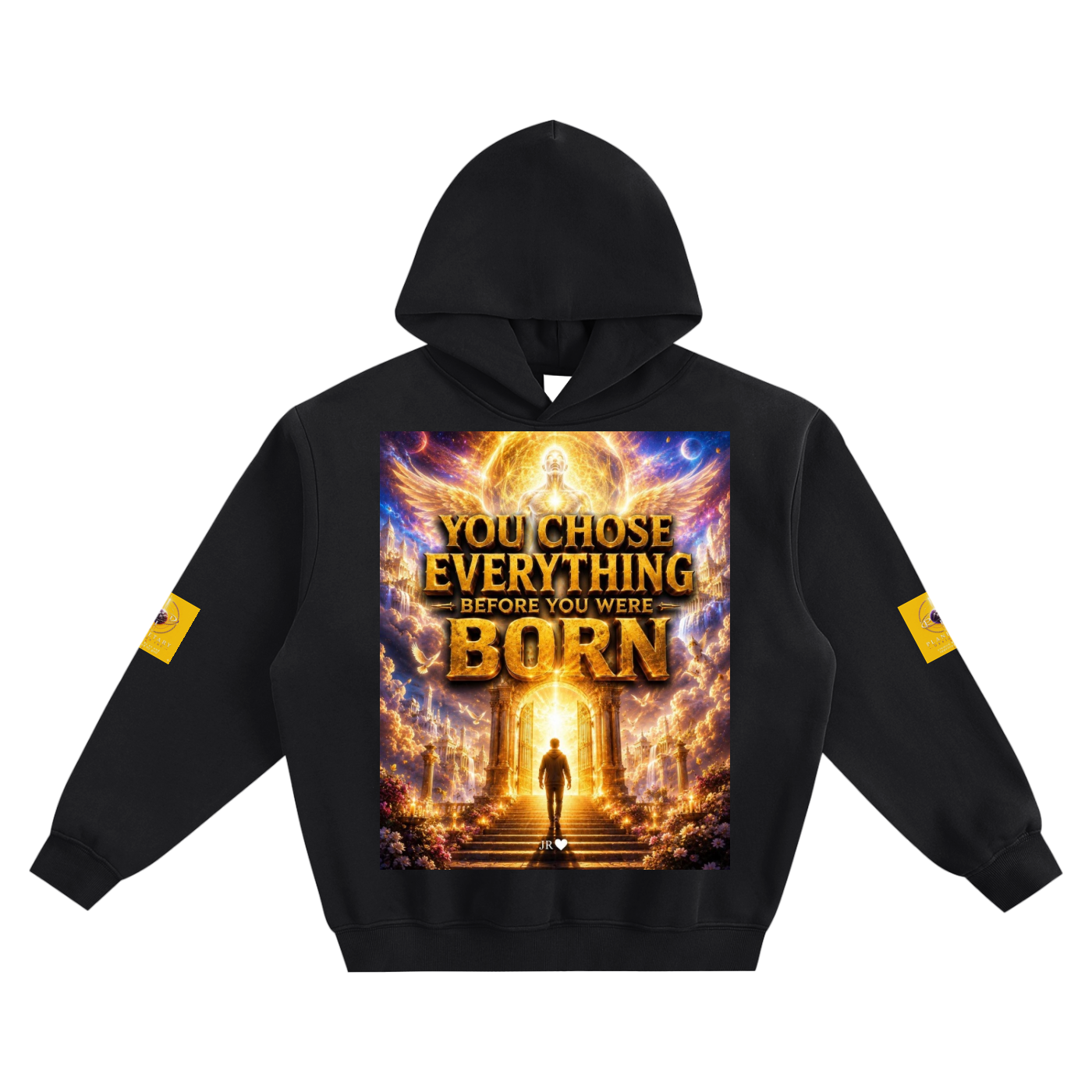 Black hoodie with a graphic design on the chest featuring text and an image of a person walking towards a bright light.