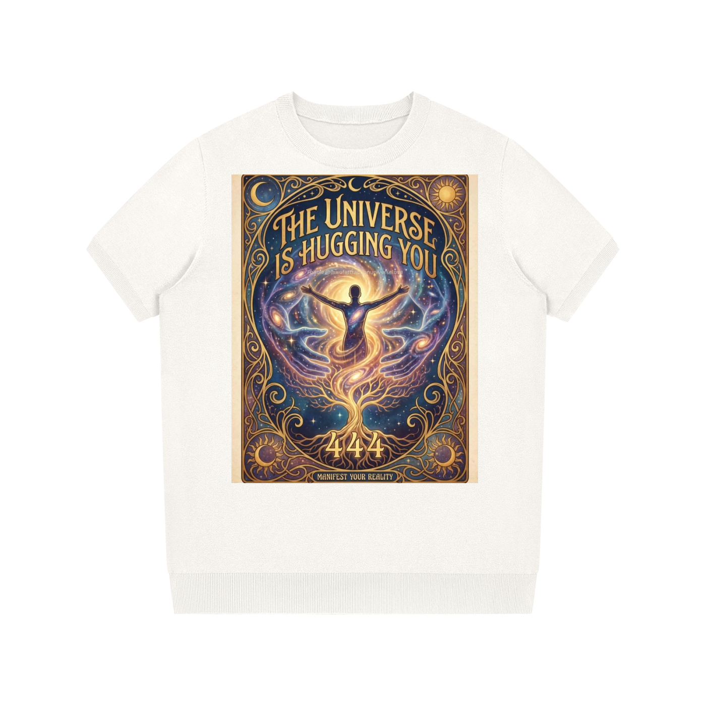 An off-white crewneck sweatshirt featuring a large, colorful graphic print on the front. The graphic depicts a glowing figure hugging a cosmic tree of life with the text 'THE UNIVERSE IS HUGGING YOU!' and '444' stars.