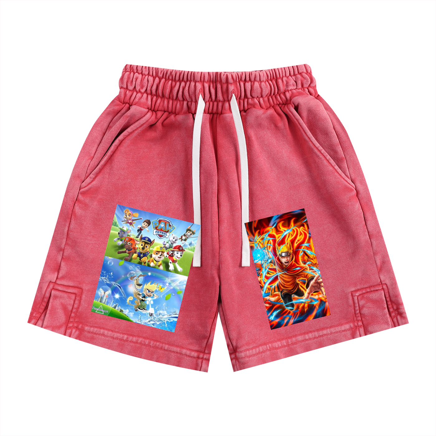 Red shorts with cartoon character prints on a white background
