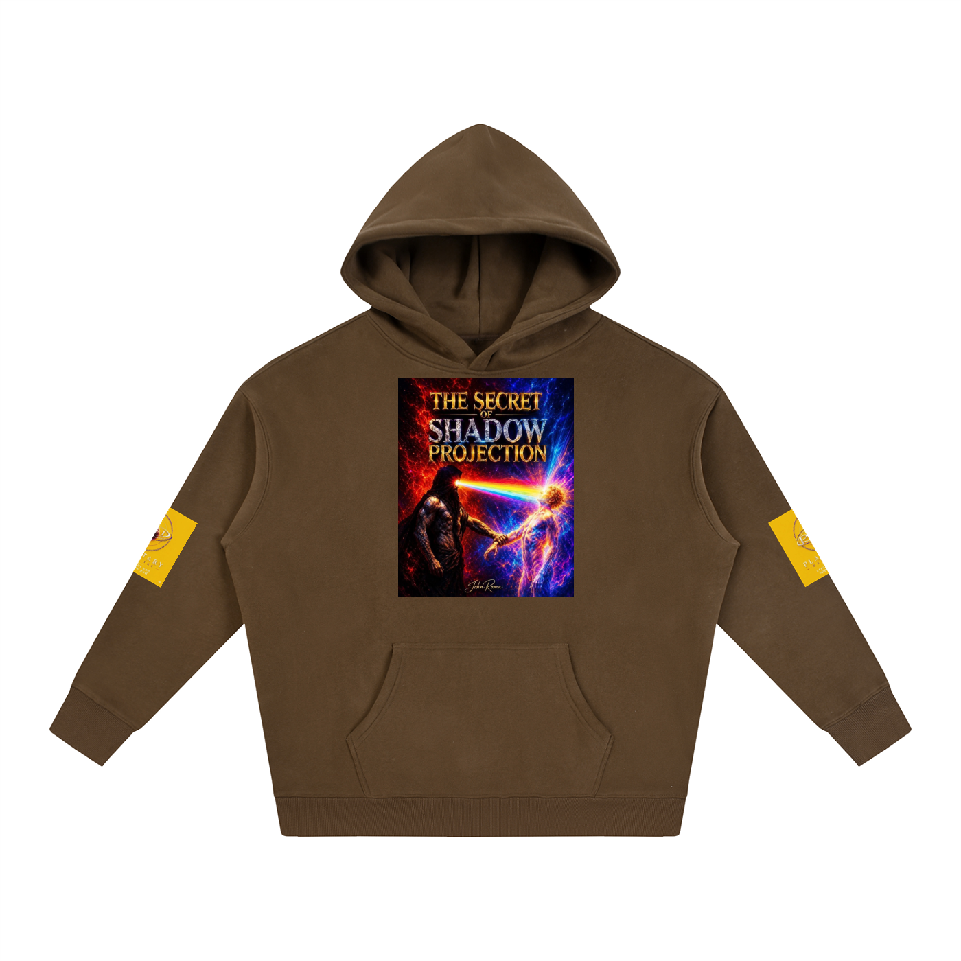 A brown pullover hoodie with a colorful graphic print on the chest reading 'THE SECRET SHADOW PROJECTION' and yellow patches on both sleeves, shown on a plain white background.