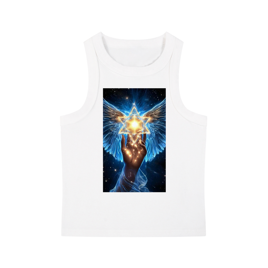 A white sleeveless tank top featuring a large graphic print on the front of a glowing golden Star of David held by a winged angel with blue feathers against a starry dark blue background.