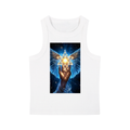 A white sleeveless tank top featuring a large graphic print on the front of a glowing golden Star of David held by a winged angel with blue feathers against a starry dark blue background.