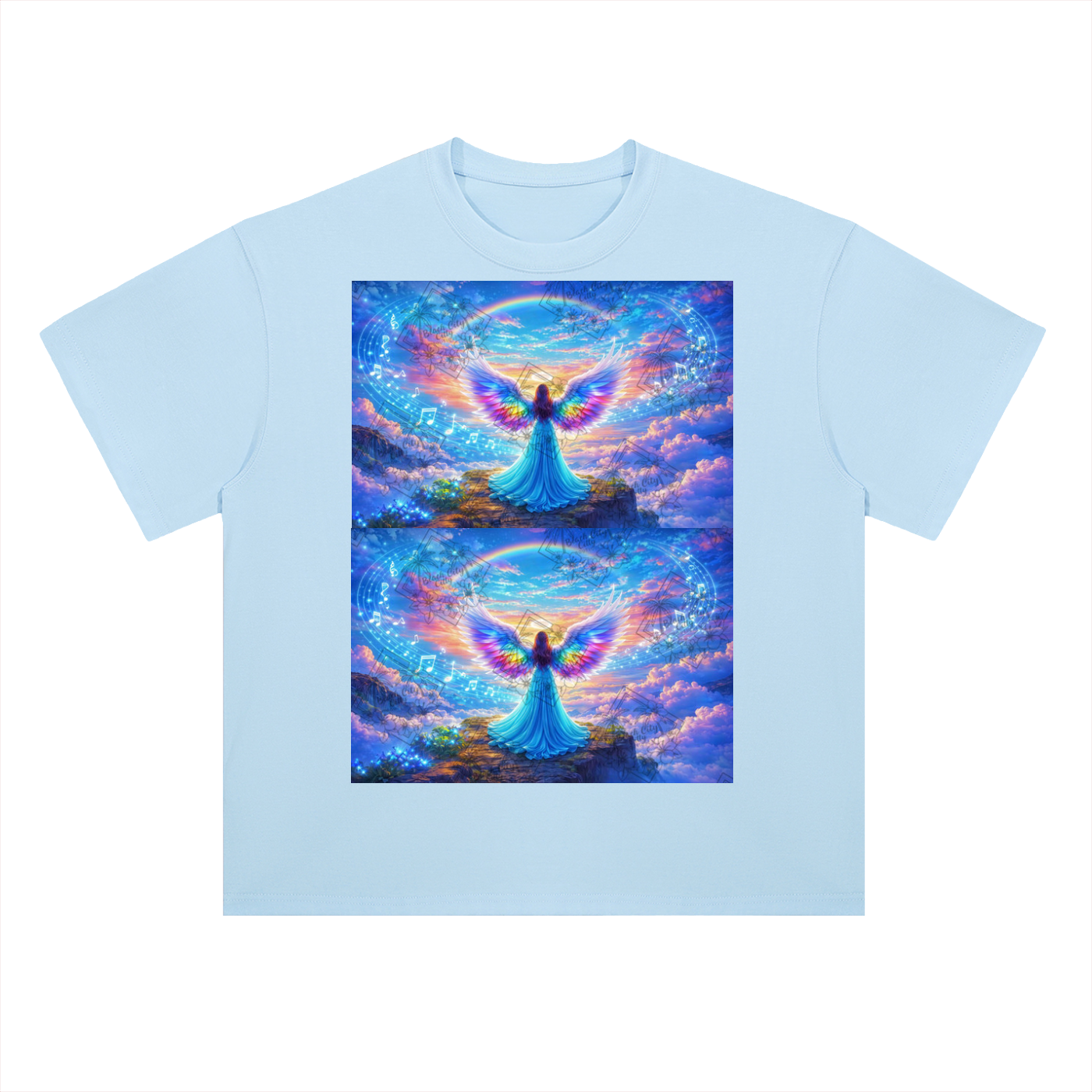 Light blue t-shirt with a colorful angel design on a white background