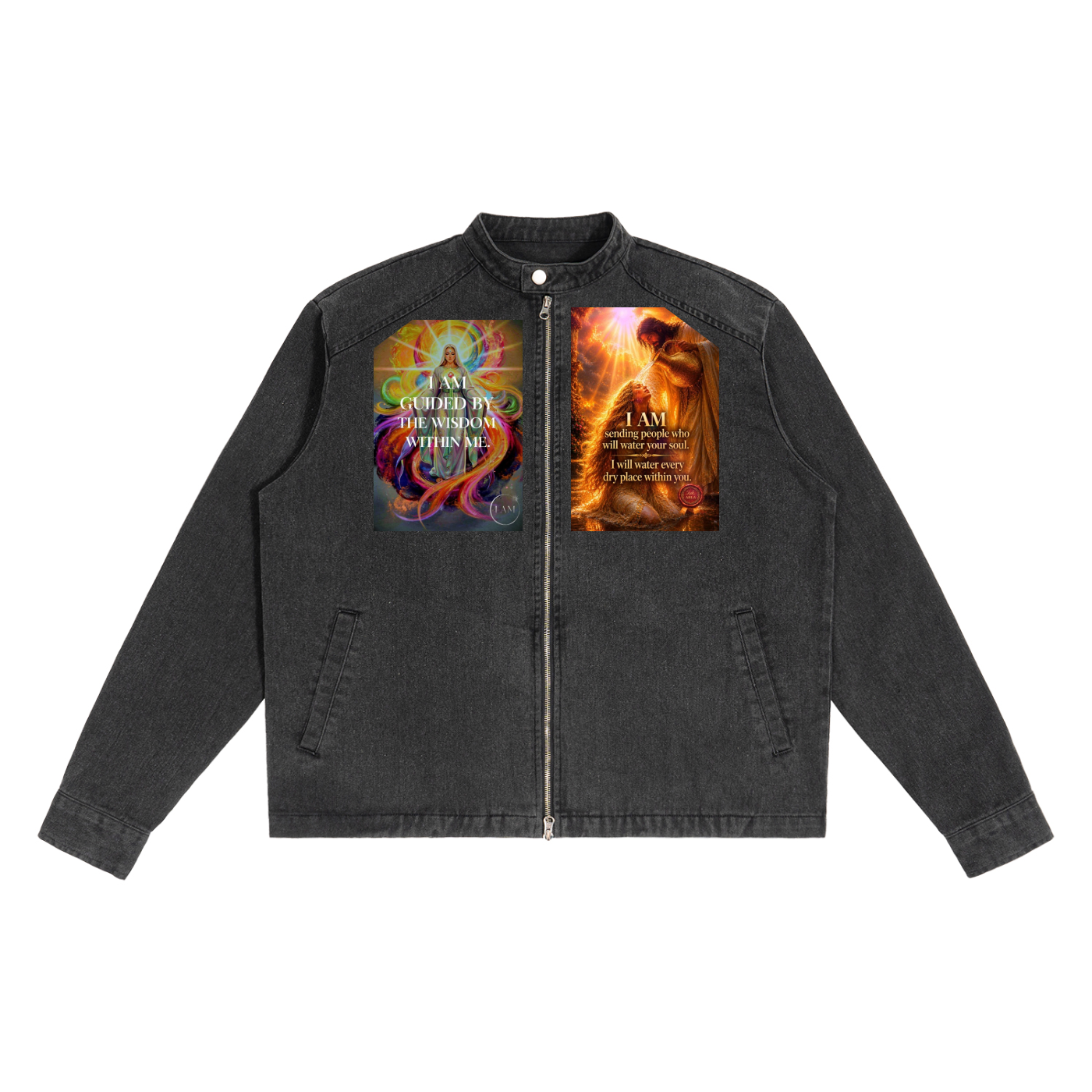 A dark gray washed zip-up jacket with two colorful graphic prints on the chest, displayed flat against a solid white background.