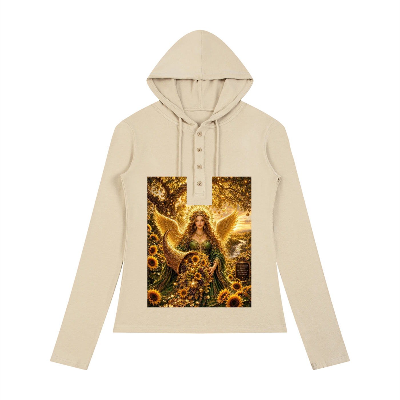A beige long-sleeve hooded sweatshirt with a three-button henley collar, featuring a large square graphic print on the front depicting an angel with wings surrounded by sunflowers in a golden field.