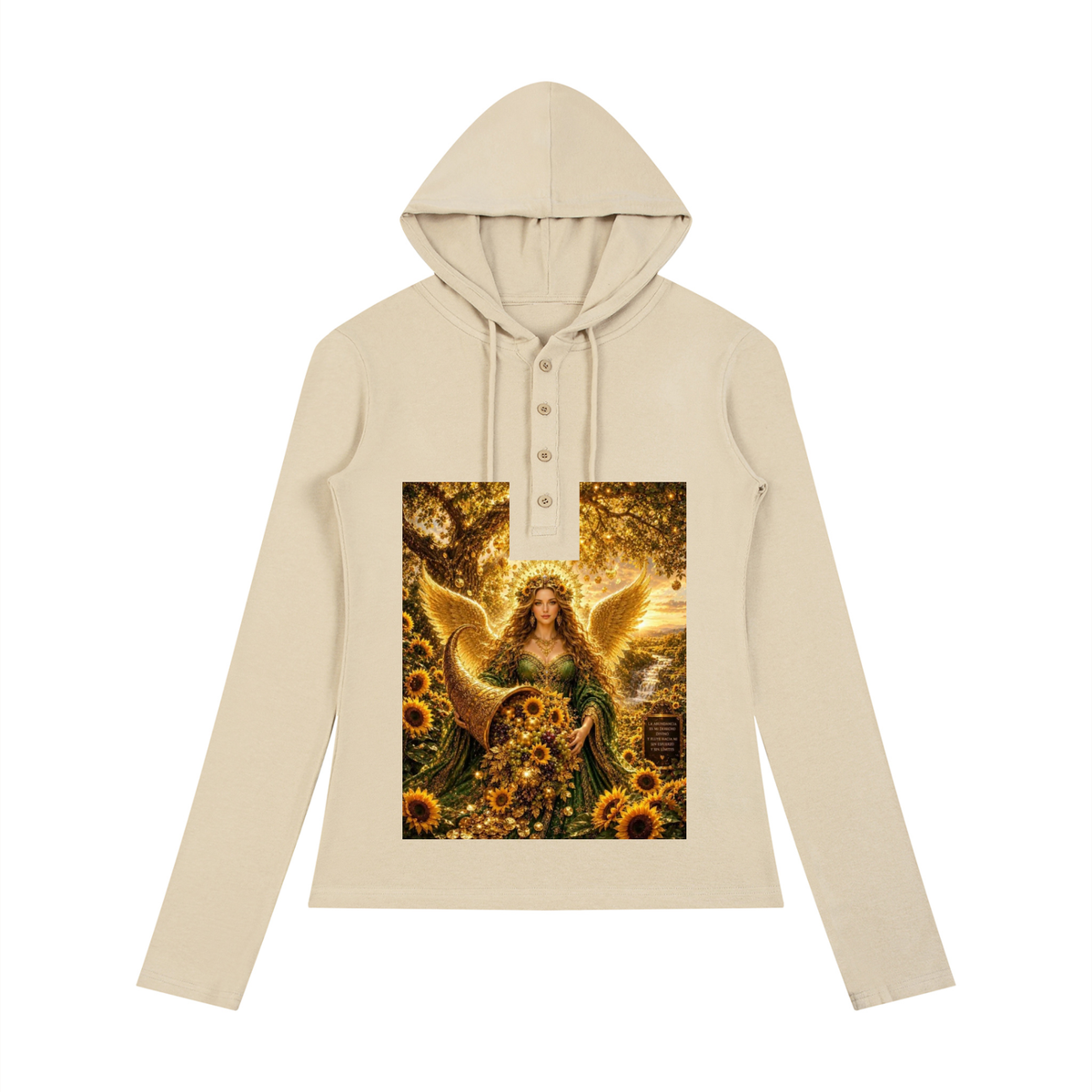 A beige long-sleeve hooded sweatshirt with a three-button henley collar, featuring a large square graphic print on the front depicting an angel with wings surrounded by sunflowers in a golden field.