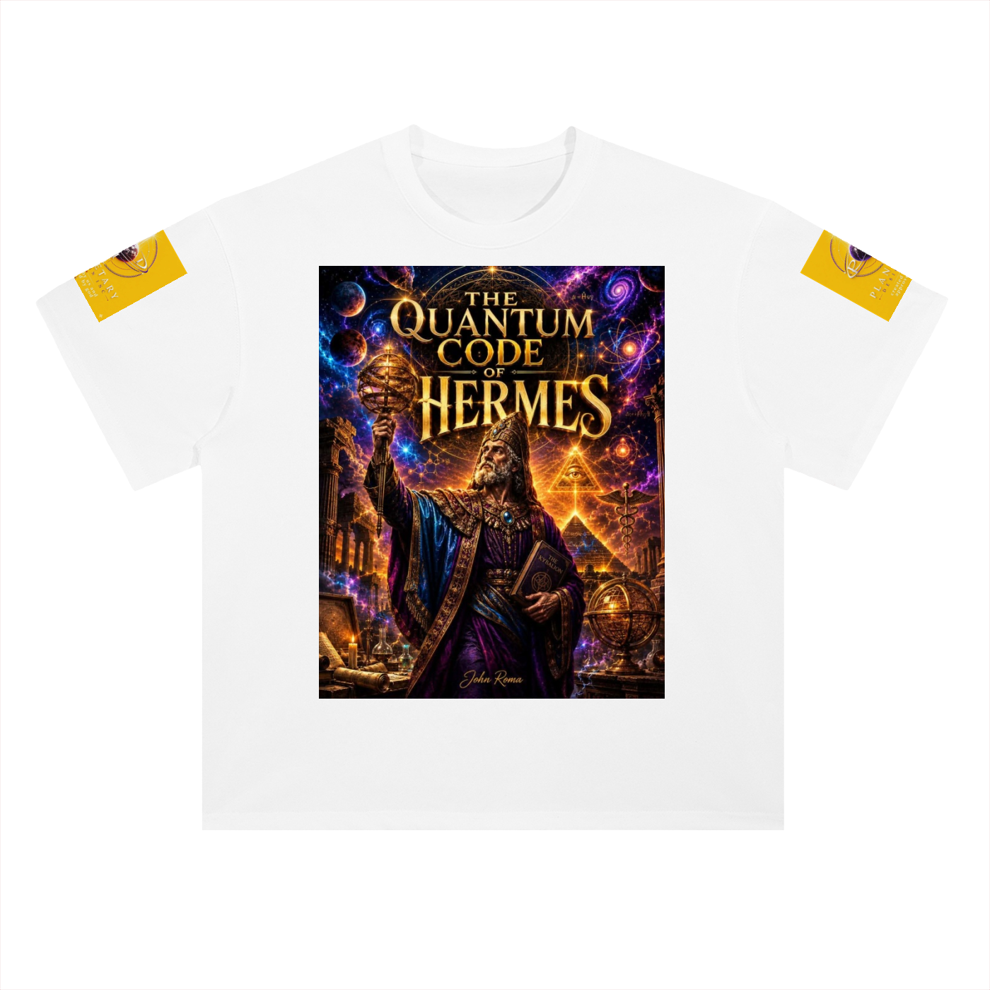 White t-shirt with 'The Quantum Code of Hermes' graphic on a white background