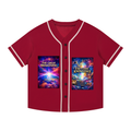 A short-sleeve baseball-style button-up shirt in deep red with white trim on the collar, sleeve cuffs, and front placket. The shirt features two colorful cosmic graphic prints on the chest, one reading 'THE GREAT AWAKENING' and the other 'ESOTERIC KNOWLEDGE'.