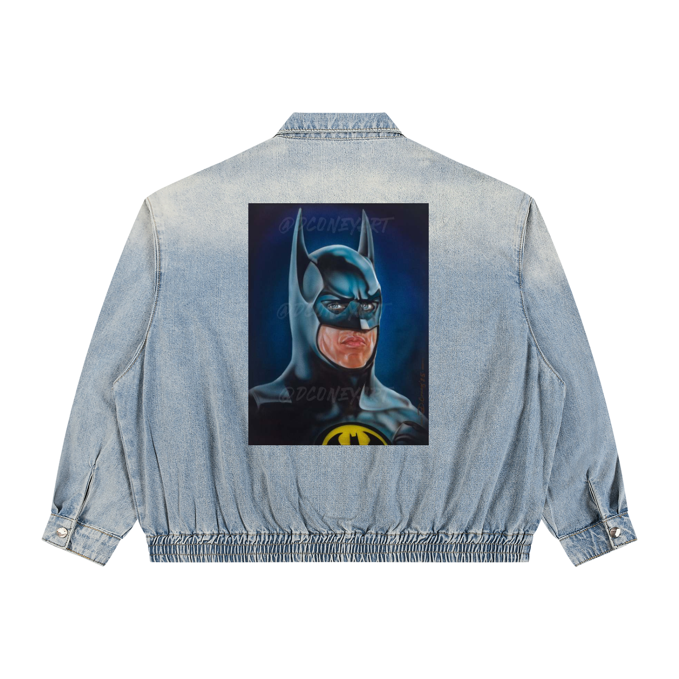 Denim jacket with a graphic of a person in a Batman costume on the back against a white background