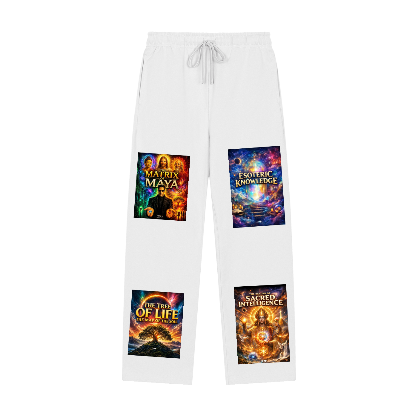 White sweatpants with four colorful graphic patches on the legs, featuring book cover designs titled Matrix Maya, Esoteric Knowledge, The Tree of Life, and Sacred Intuition, shown on a plain white background.