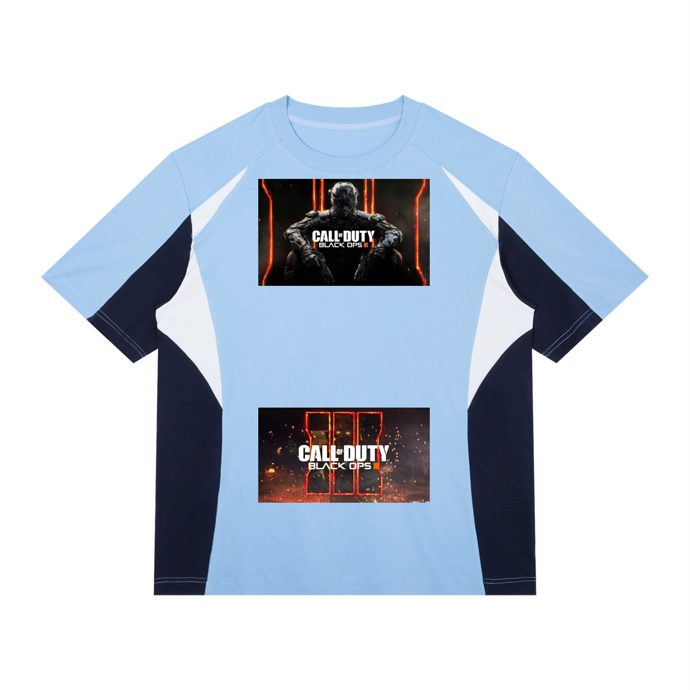 Light blue and black long-sleeve shirt with 'Call of Duty' graphics on a white background
