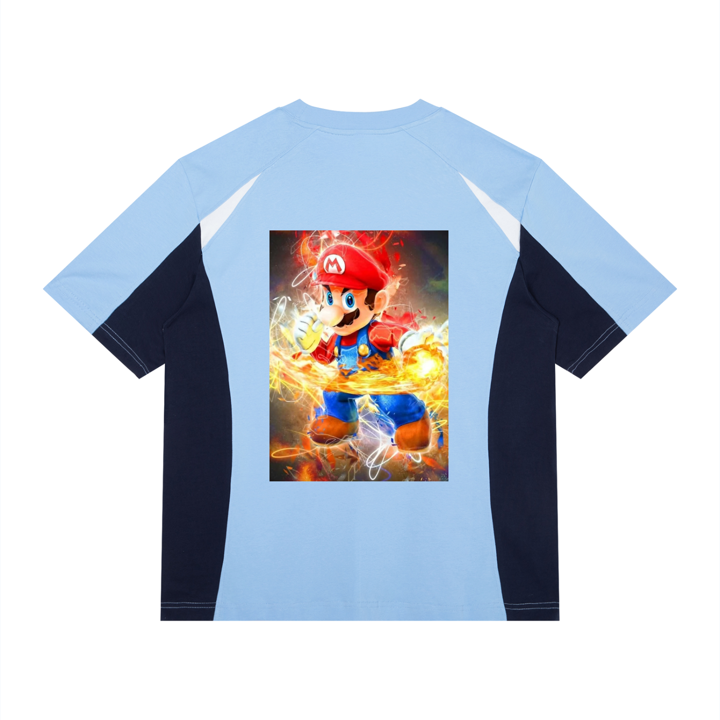 Light blue t-shirt with a graphic of a character in a red hat and blue outfit on a white background