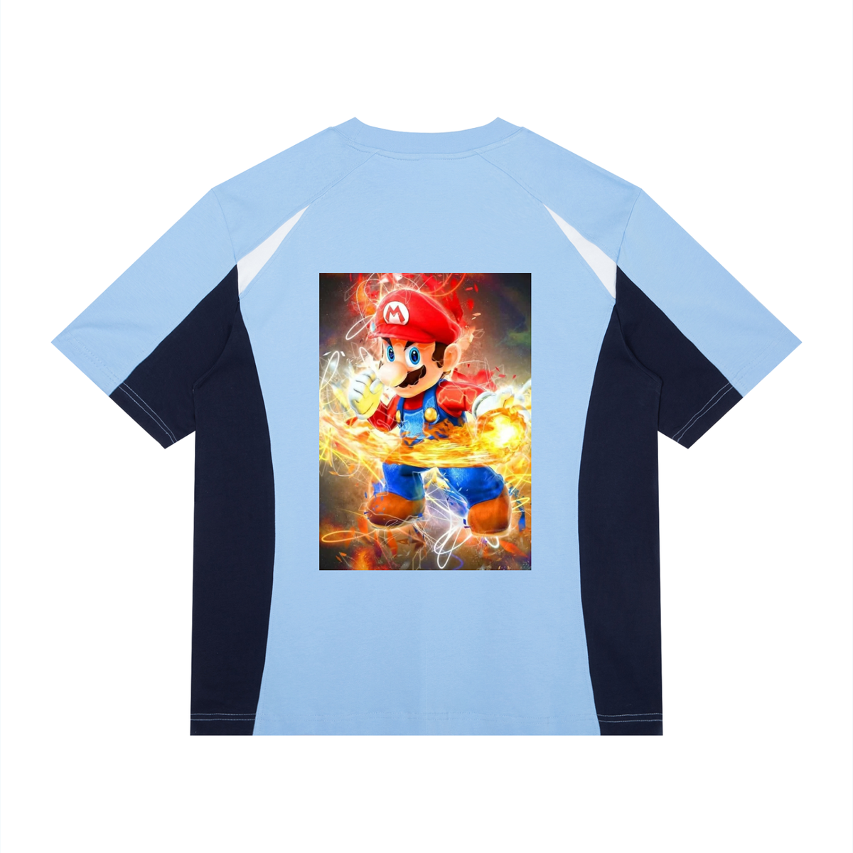 Light blue t-shirt with a graphic of a character in a red hat and blue outfit on a white background
