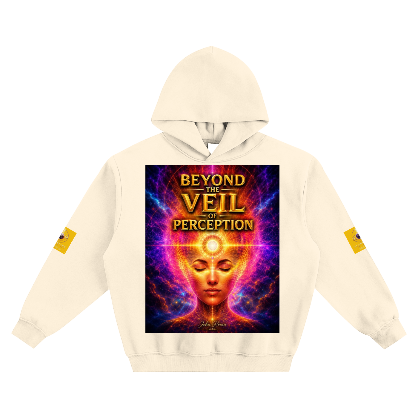 Beige hoodie with 'Beyond the Veil of Perception' design on a white background