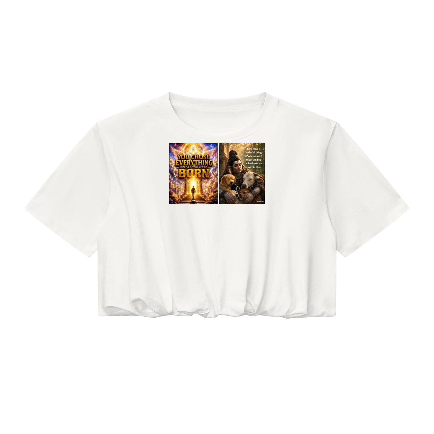 White t-shirt with a graphic design on the chest against a white background