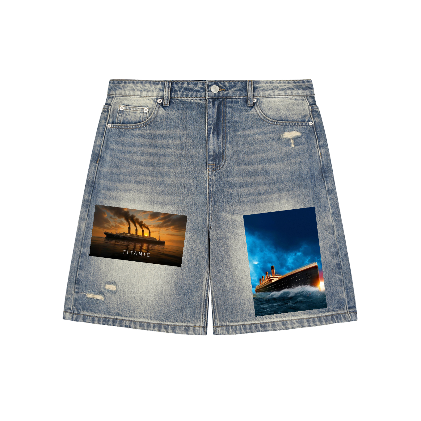 Denim shorts with Titanic-themed graphics on a white background