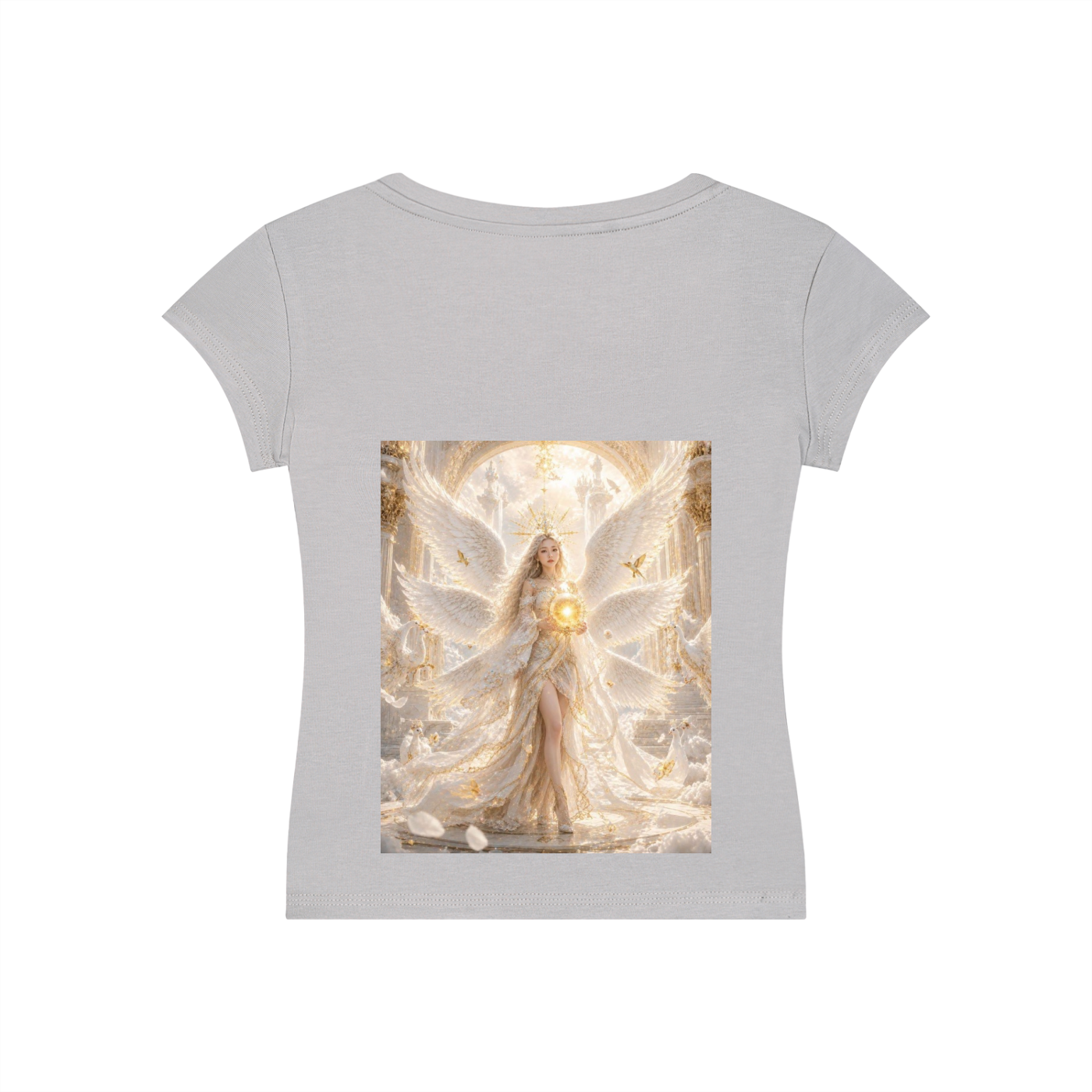 A light gray short-sleeve t-shirt with a large rectangular graphic print on the front depicting a glowing angel with white wings and a golden halo, set against a plain white background.