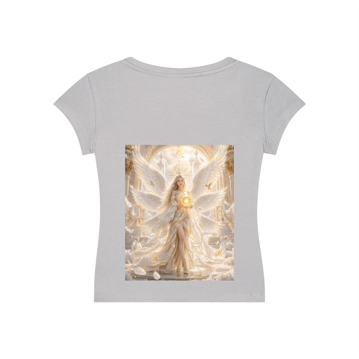 A light gray short-sleeve t-shirt with a large rectangular graphic print on the front depicting a glowing angel with white wings and a golden halo, set against a plain white background.