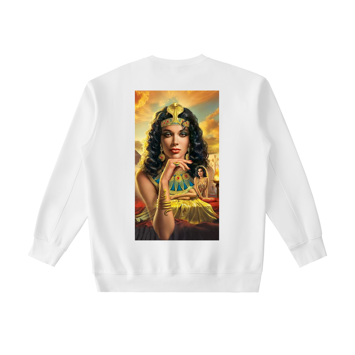 White sweatshirt with a graphic of a woman in a colorful dress on the back, set against a white background.