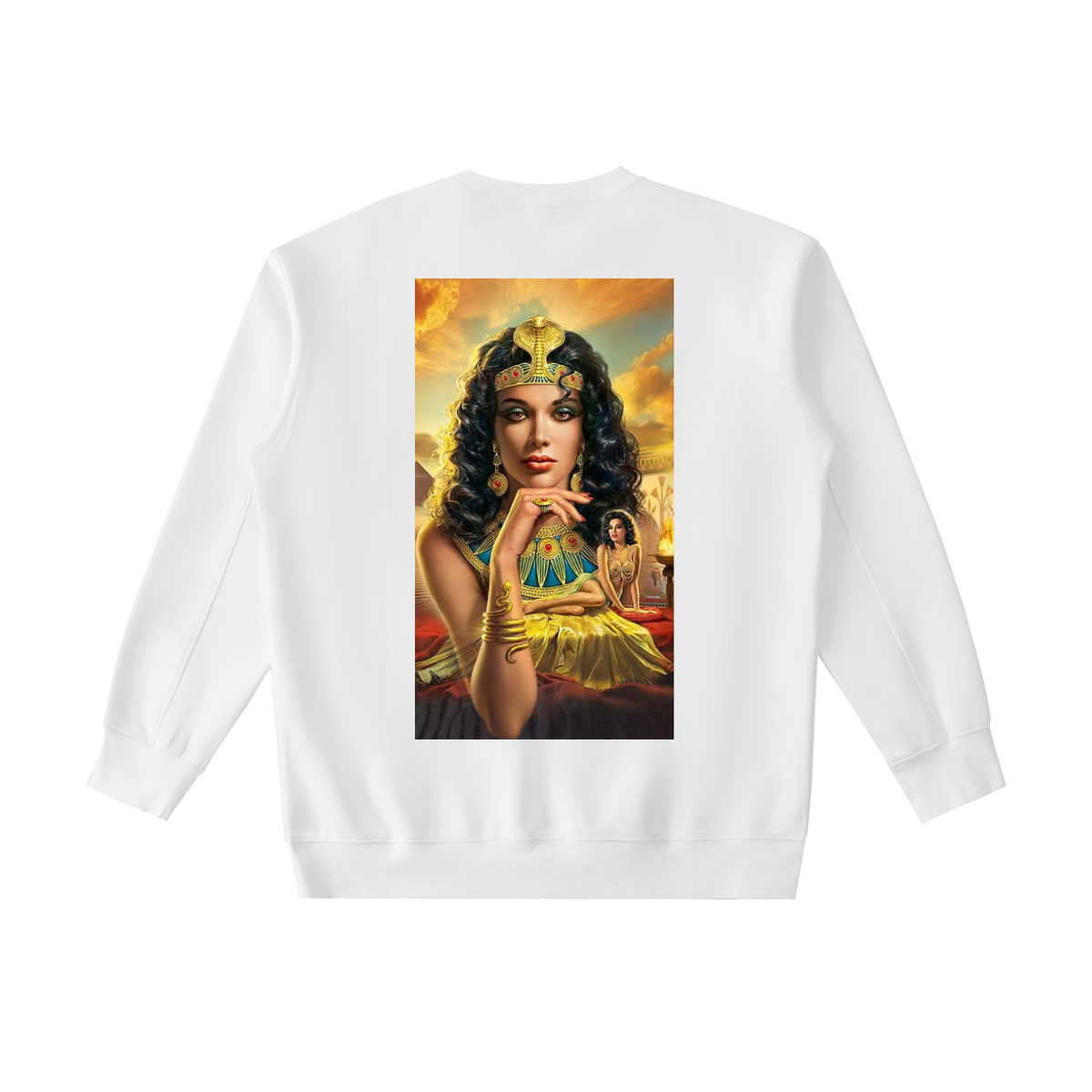 White sweatshirt with a graphic of a woman in a colorful dress on the back, set against a white background.