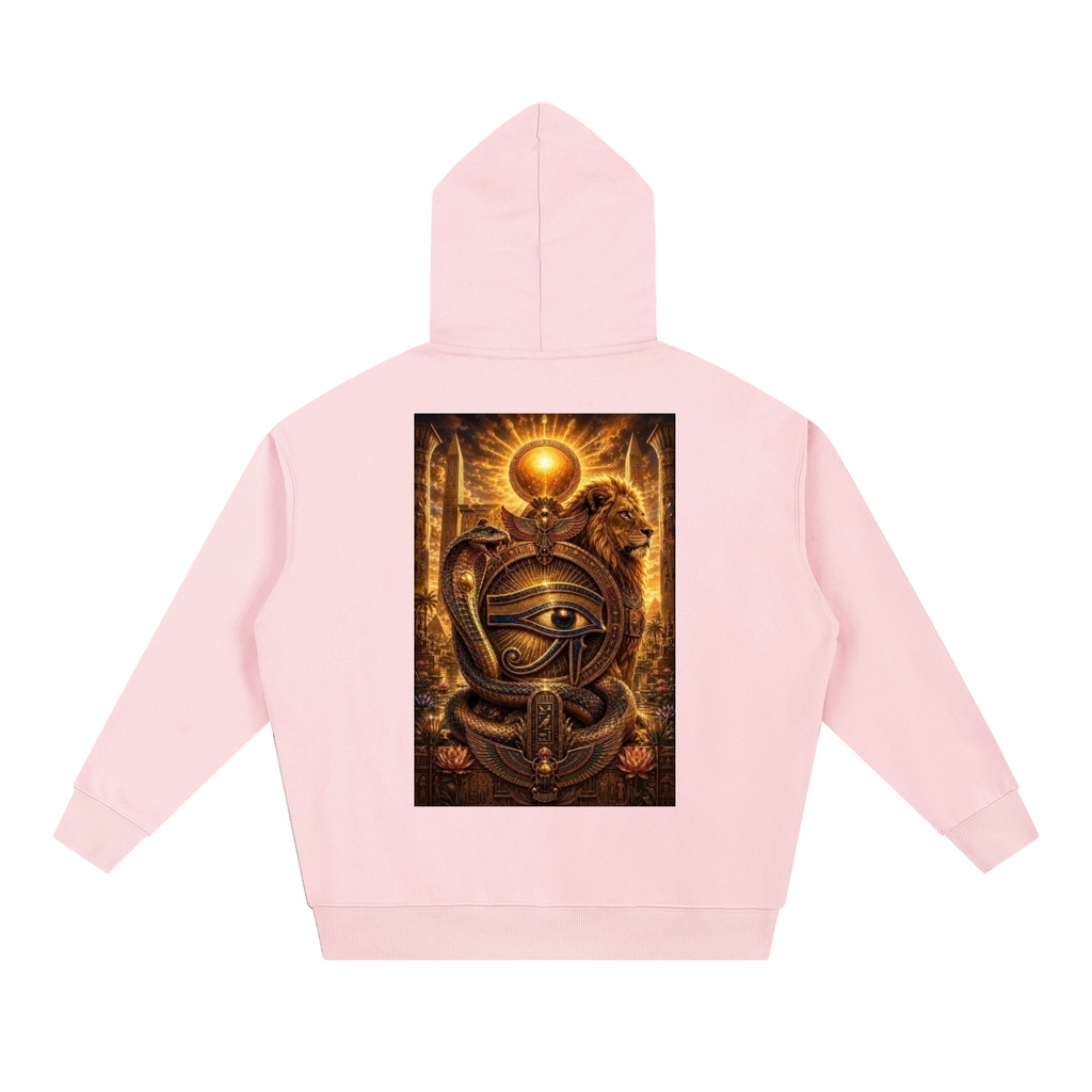 A light pink children's hoodie shown from the back, featuring a large rectangular graphic print of a golden sun, an eye of Horus, and a coiled serpent on a dark background.