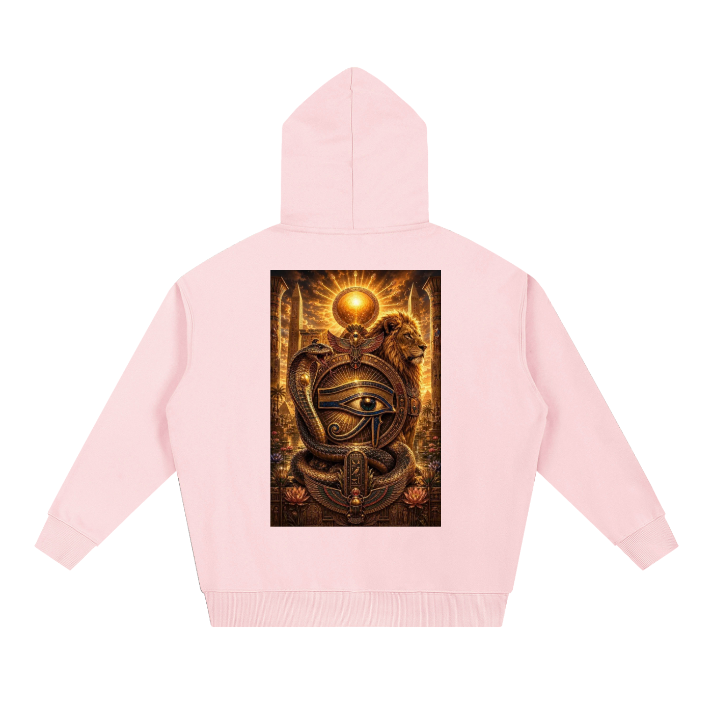 A light pink children's hoodie shown from the back, featuring a large rectangular graphic print of a golden sun, an eye of Horus, and a coiled serpent on a dark background.