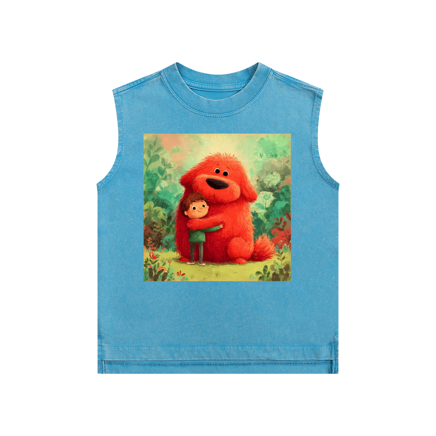 Blue sleeveless shirt with a cartoon design of a red creature hugging a child on a white background