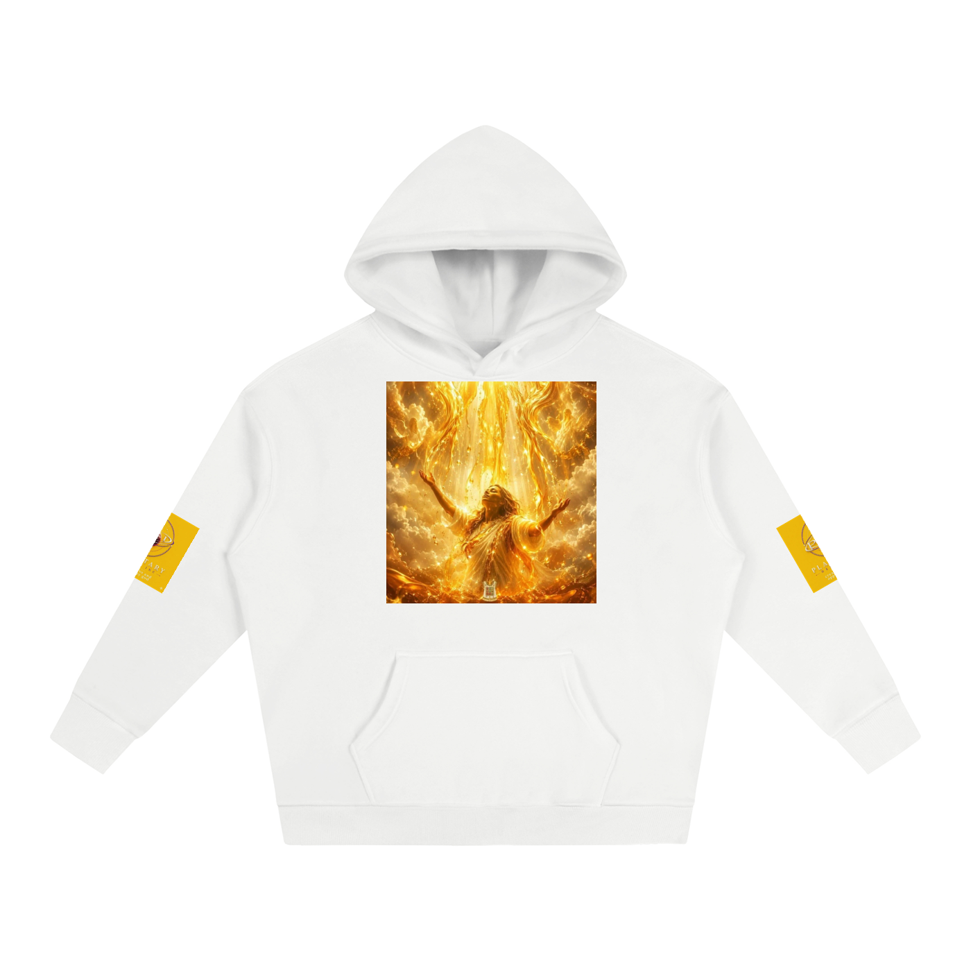 White hoodie with a graphic of a person in flames on a white background