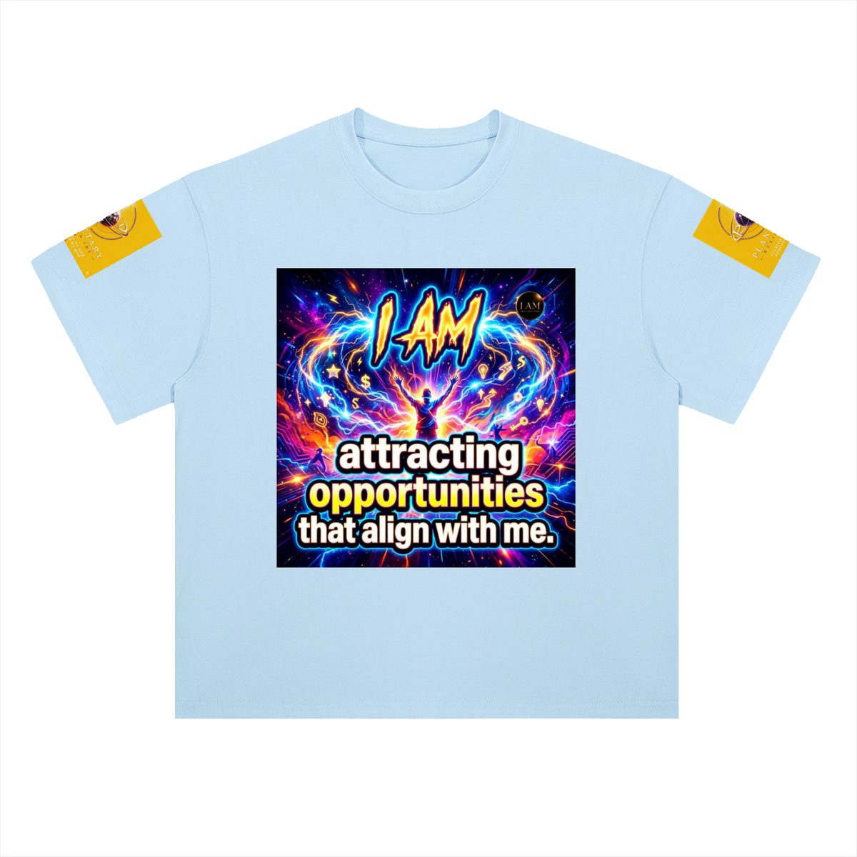 A light blue short-sleeve t-shirt with a vibrant, colorful graphic on the chest that reads 'I AM attracting opportunities that align with me.' in yellow and white text.